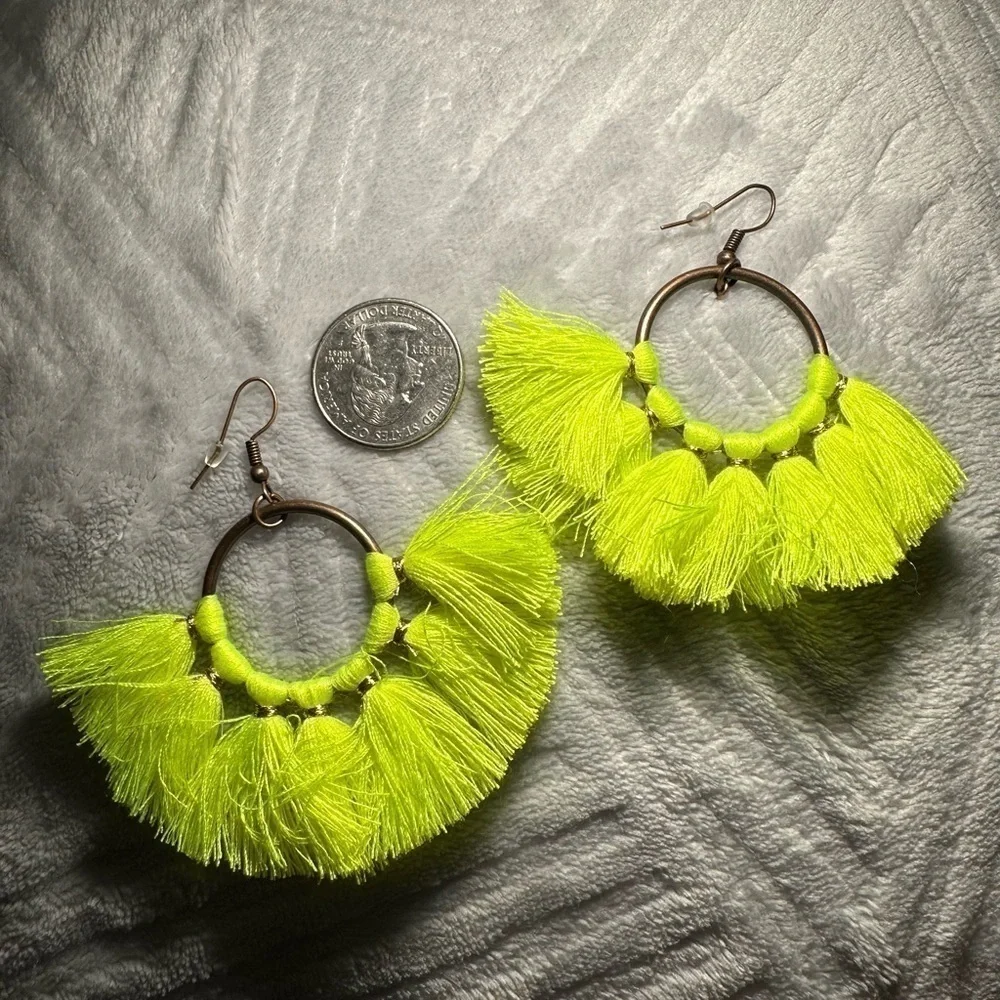 Boho Earrings YELLOW Fringe Bronze Ring Pendant Ethnic Earrings - Picture 3 of 4